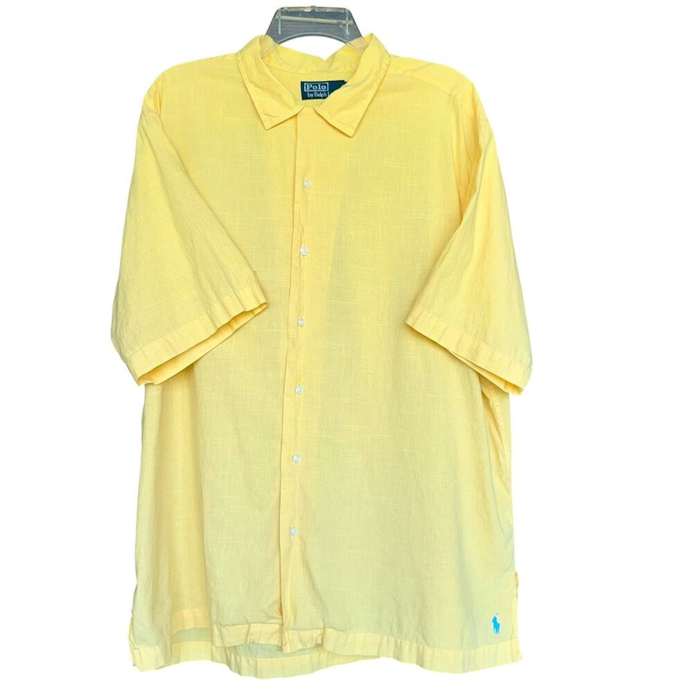 Polo Ralph Lauren Shirt Mens Size XL Yellow Linen Cotton Loop Collar Button Up